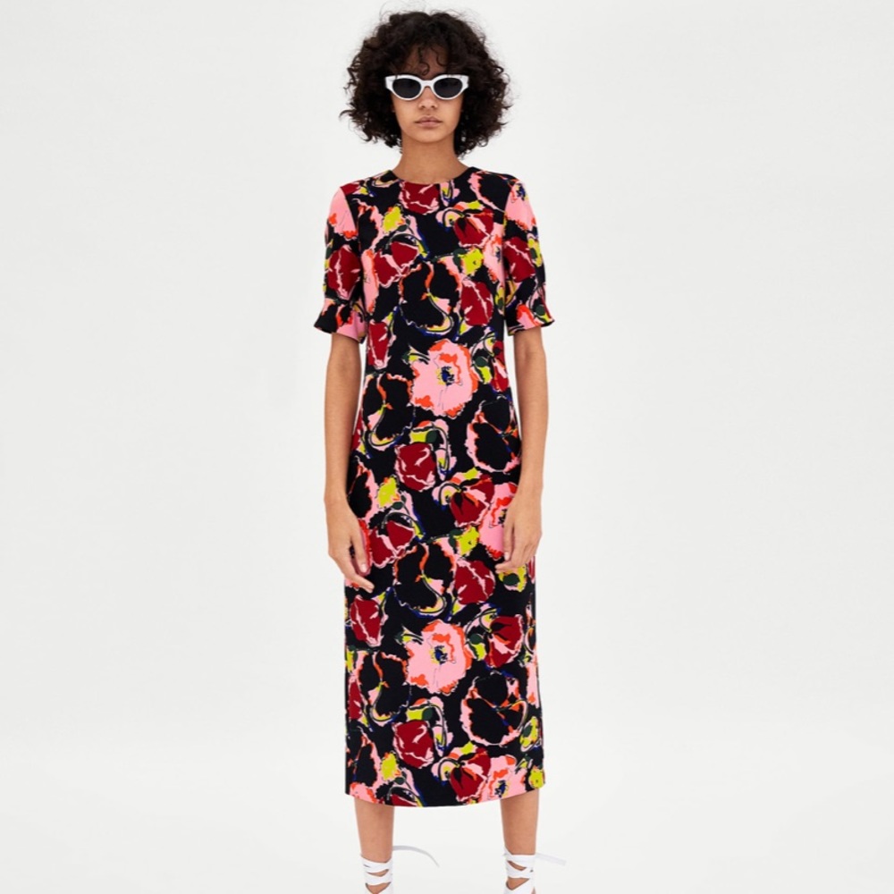 Zara Black Midi Dress with Pink & Red Floral Print